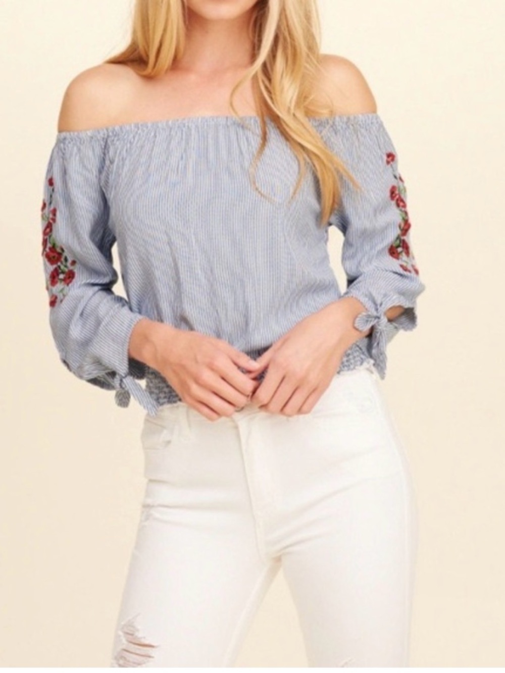 Hollister Off-Shoulder Blue Striped Embroidered Sleeve Top - Women